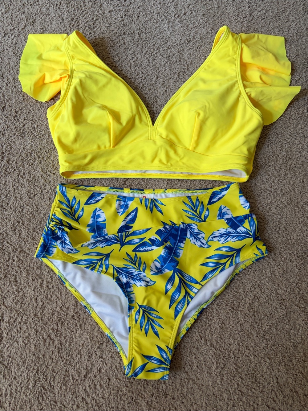 PatPat Yellow and Blue Tropical Print Women’s Two-Piece Style Swim Set